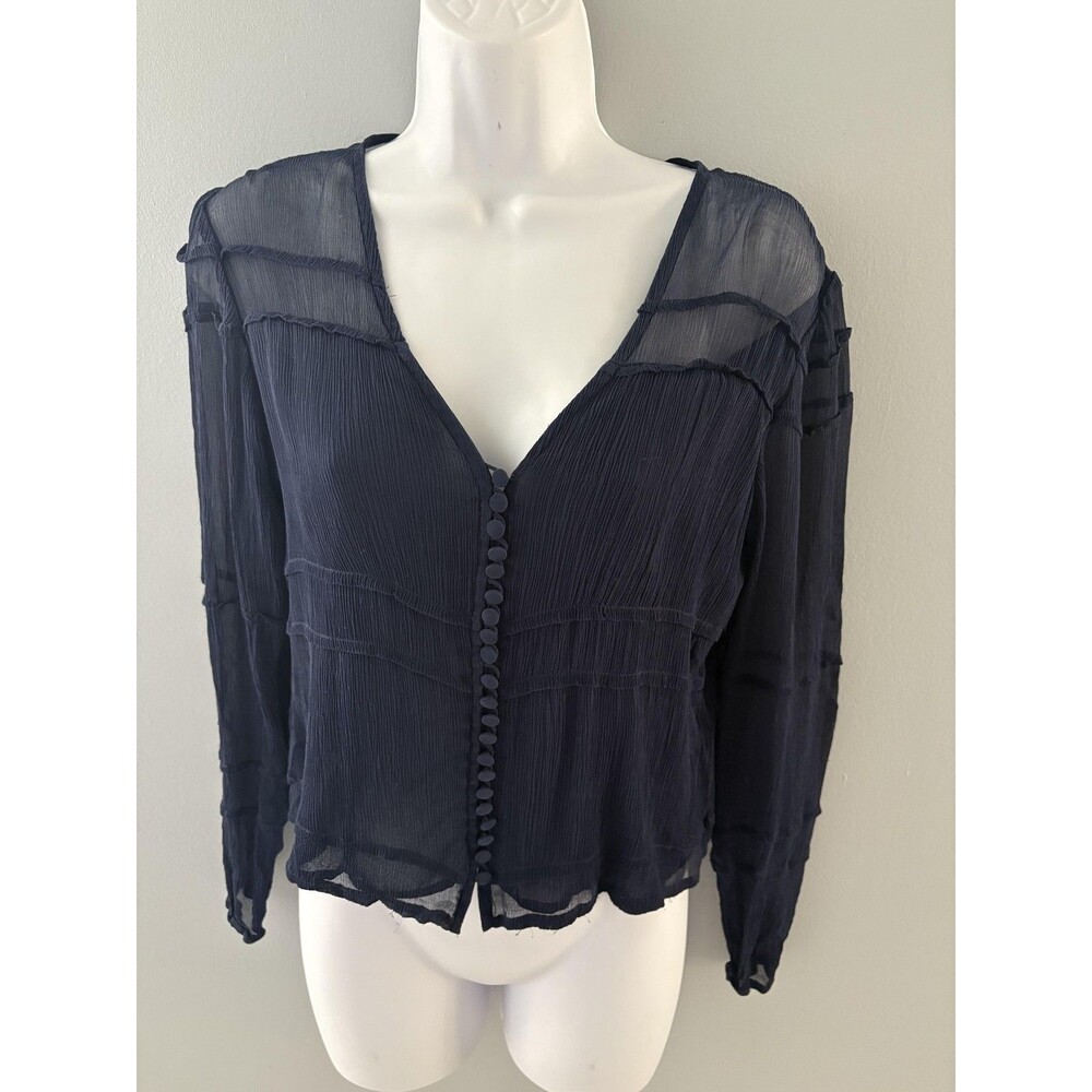 Boston Proper Blouse Womens 4 Navy Blue Silk Sheer Button Front Whimsy Luxury